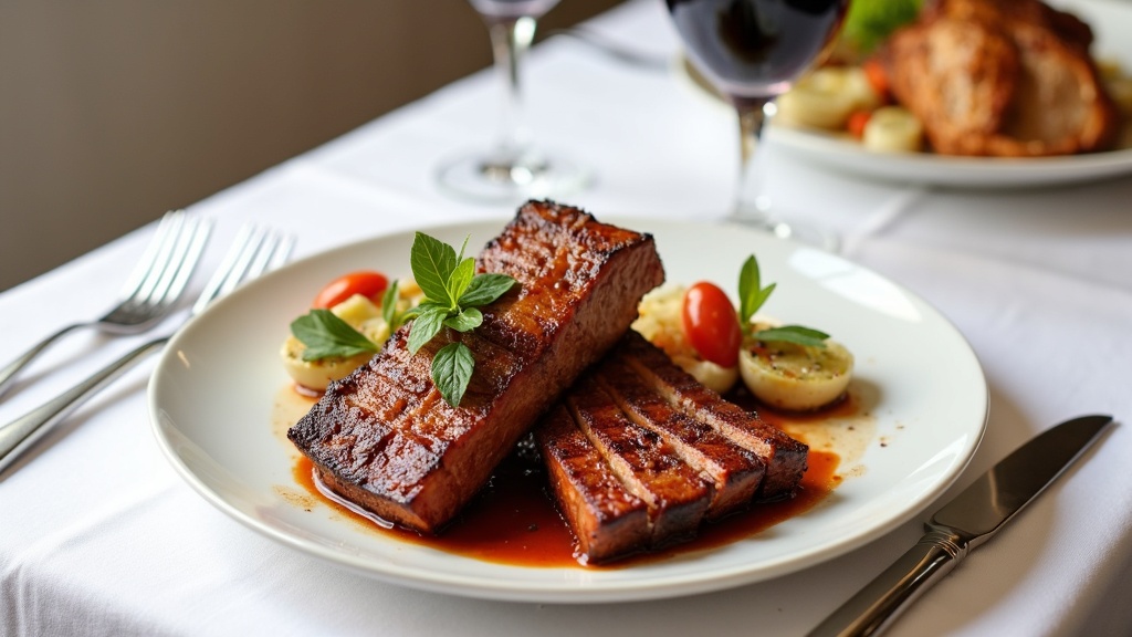 A refined plated barbecue dish on a white tablecloth background with elegant sides and a glass of wine nearby.