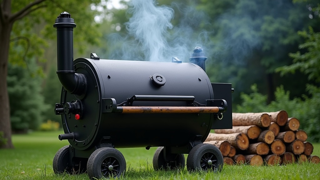 Smoker with light blue smoke coming from the chimney, surrounded by barbecue tools and wood chunks